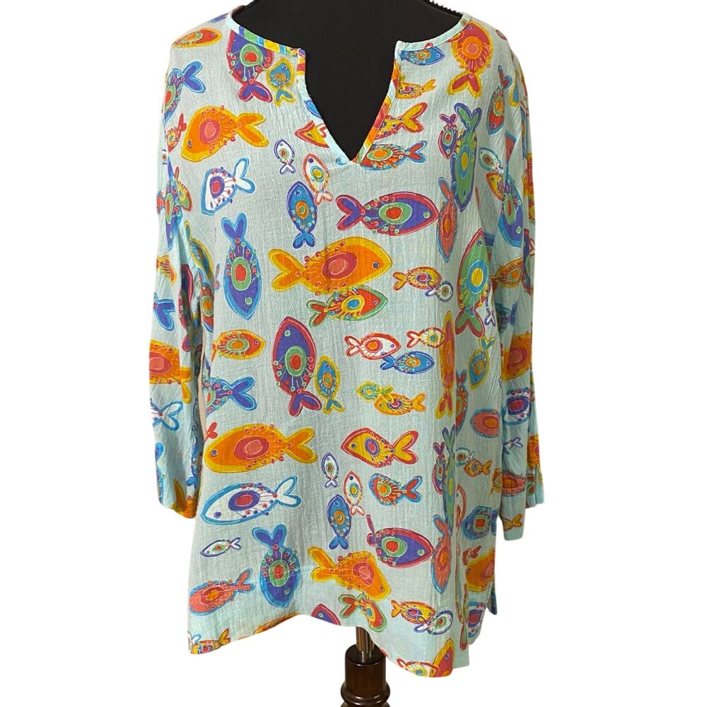 Fresh Produce Fish Print Cotton Tunic Top Made USA Blue Medium Coastal Resort